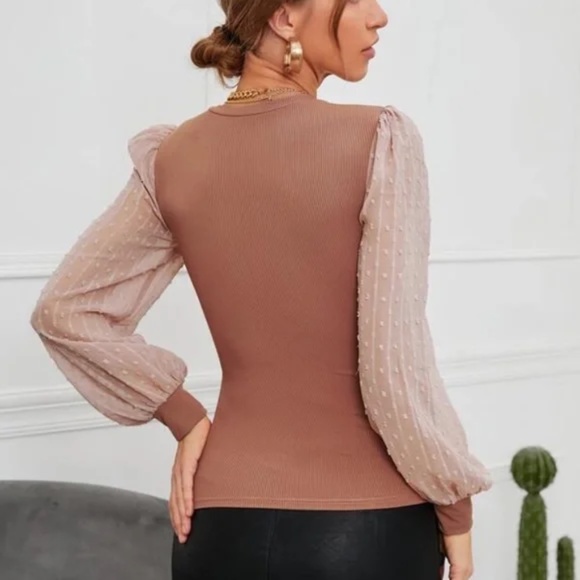 Swiss Dot Dusty Pink Puff Sheer Sleeve Ribbed Blouse Work Office - Picture 4 of 11